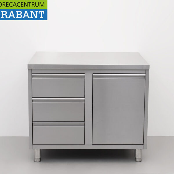 HCB stainless steel Work Cabinet Cabinet Work Table Waste bin and 3 drawers 100 cm Premium-line Horeca