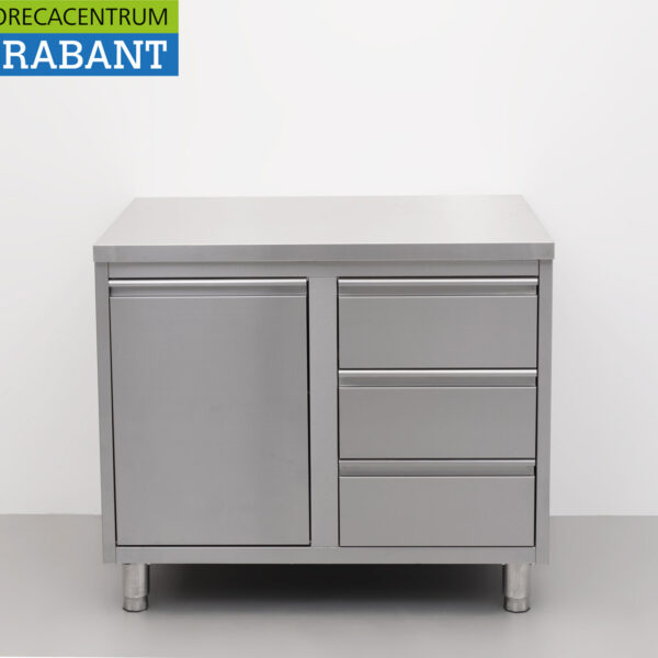 HCB stainless steel Work Cabinet Cabinet Work Table Waste bin and 3 drawers 100 cm Premium-line Horeca
