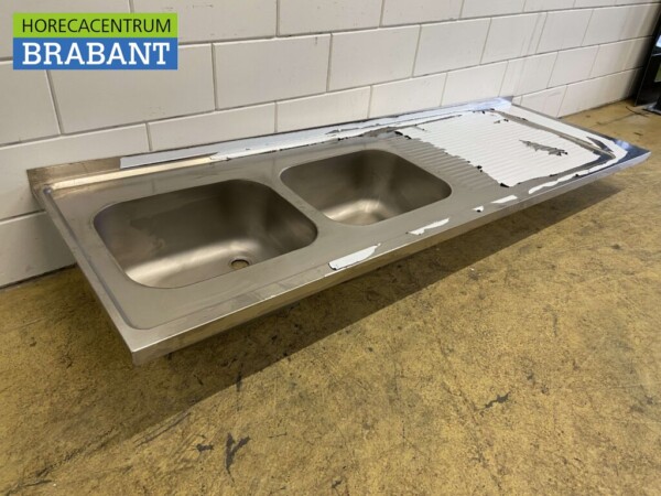 Stainless steel Sink Top Double Sinks 220 x 70 cm Catering - Image 3