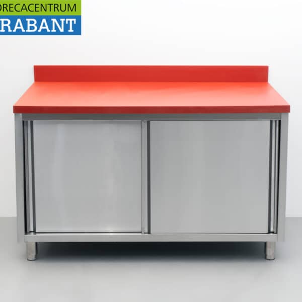 HCB Stainless Steel Polyethylene PE Work Cabinet, Cutting Table, Premium Line, 2 Sliding Doors, 140 cm, Food Service, Butcher Shop