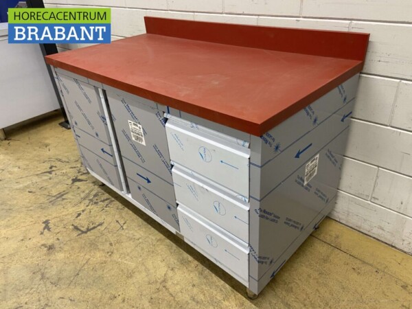 Stainless steel Polyethylene PE Work Cabinet Cabinet Cutting Table 2 folding doors 3 drawers 140 cm Catering Butchery - Image 2