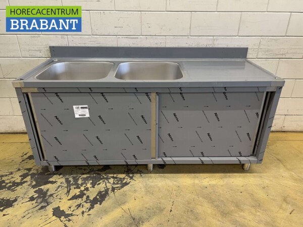 Stainless steel Sink Table Double Sinks 2 sliding doors Premium-line 180 cm Catering