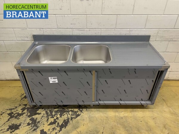 Stainless steel Sink Table Double Sinks 2 sliding doors Premium-line 180 cm Catering - Image 2