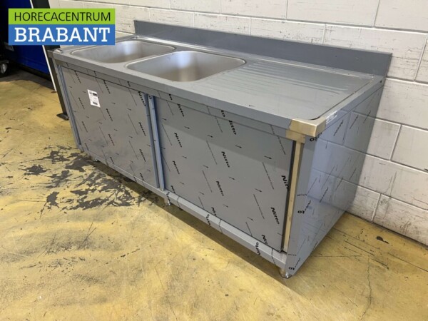 Stainless steel Sink Table Double Sinks 2 sliding doors Premium-line 180 cm Catering - Image 3