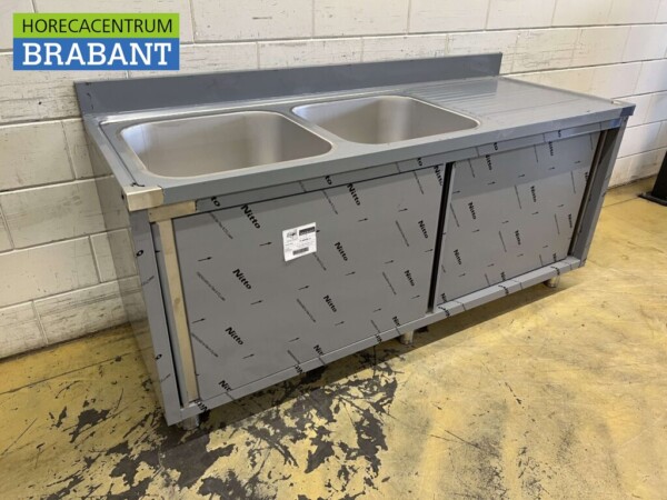 Stainless steel Sink Table Double Sinks 2 sliding doors Premium-line 180 cm Catering - Image 4