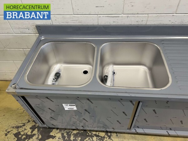 Stainless steel Sink Table Double Sinks 2 sliding doors Premium-line 180 cm Catering - Image 5