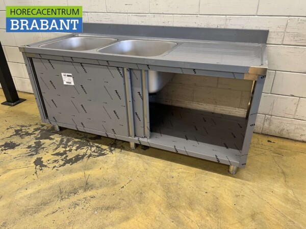 Stainless steel Sink Table Double Sinks 2 sliding doors Premium-line 180 cm Catering - Image 6