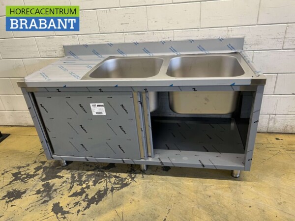 Stainless steel Sink Table Double Sinks 2 sliding doors Premium-line 160 cm Catering - Image 6