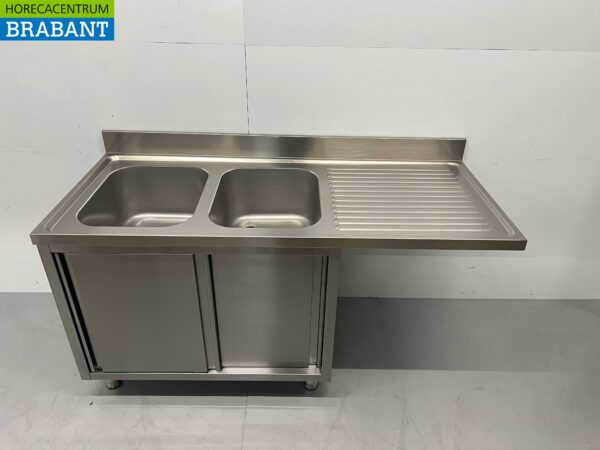 HCB stainless steel Sink Table double sinks Premium-line 2 sliding doors 160 cm Catering