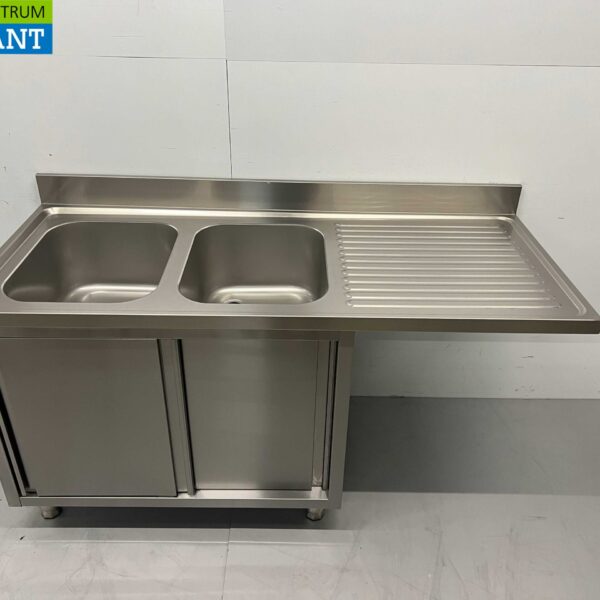 HCB stainless steel Sink Table double sinks Premium-line 2 sliding doors 160 cm Catering