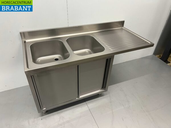 HCB stainless steel Sink Table double sinks Premium-line 2 sliding doors 160 cm Catering - Image 2