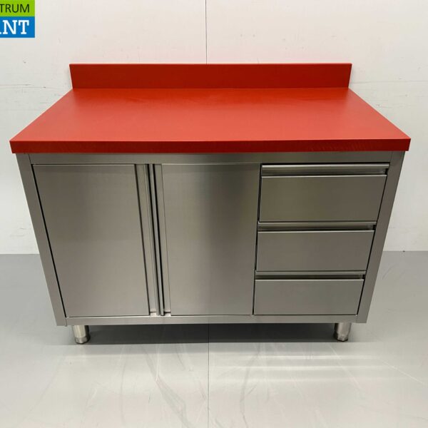 Stainless steel HCB Polyethylene PE Work Cabinet Cabinet Cutting Table 2 folding doors 3 drawers 120 cm Catering Butchery