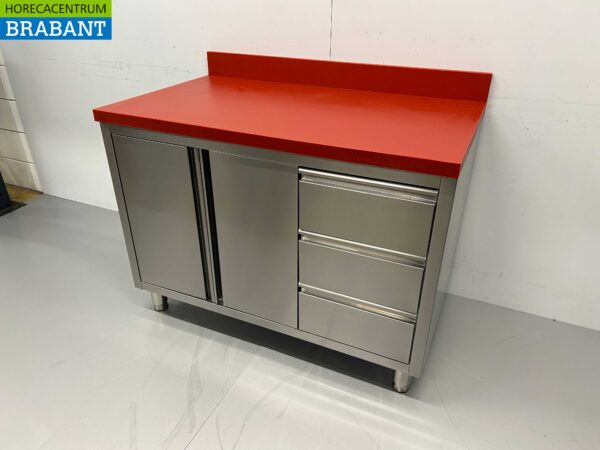 Stainless steel HCB Polyethylene PE Work Cabinet Cabinet Cutting Table 2 folding doors 3 drawers 120 cm Catering Butchery - Image 2
