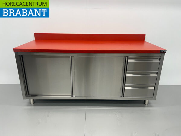 Stainless steel Polyethylene PE Work Cabinet Cabinet Cutting Table Premium-line 2 sliding doors 3 drawers 200 cm Catering Butchery