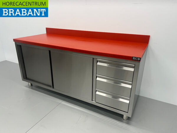 Stainless steel Polyethylene PE Work Cabinet Cabinet Cutting Table Premium-line 2 sliding doors 3 drawers 200 cm Catering Butchery - Image 2