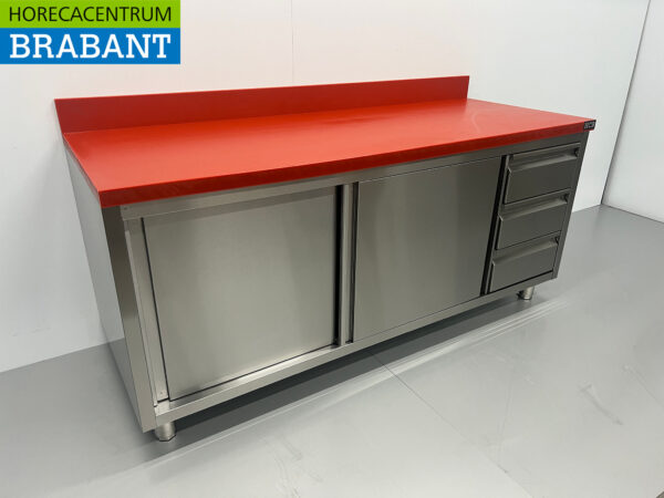 Stainless steel Polyethylene PE Work Cabinet Cabinet Cutting Table Premium-line 2 sliding doors 3 drawers 200 cm Catering Butchery - Image 3