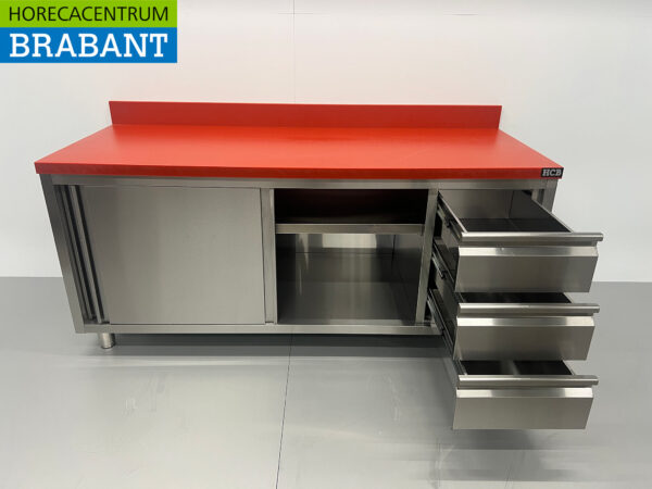 Stainless steel Polyethylene PE Work Cabinet Cabinet Cutting Table Premium-line 2 sliding doors 3 drawers 200 cm Catering Butchery - Image 4