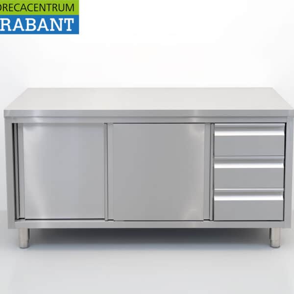 HCB Stainless Steel Work Cabinet, Premium-Line Work Table with 2 Sliding Doors and 3 Drawers, 160 cm, Food Service