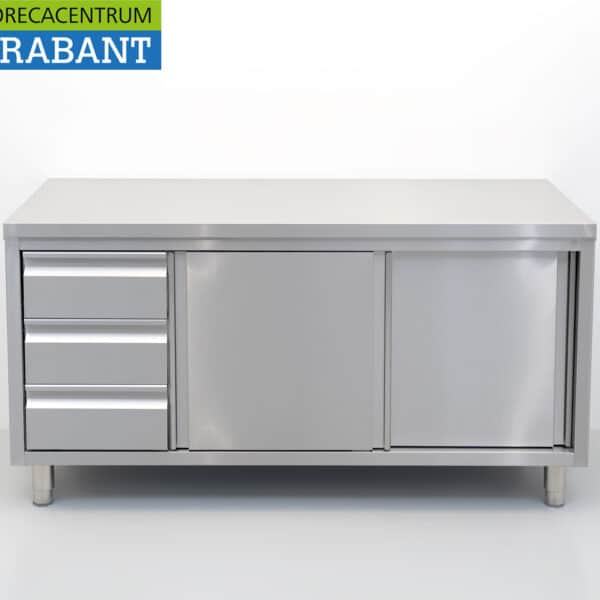 HCB Stainless Steel Work Cabinet, Premium-Line Work Table with 2 Sliding Doors and 3 Drawers, 160 cm, Food Service