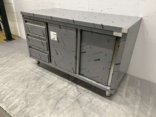 Stainless Steel Work Cupboard Cabinet Work Table Premium-line 2 sliding doors and 3 drawers 140 cm Catering - Image 3