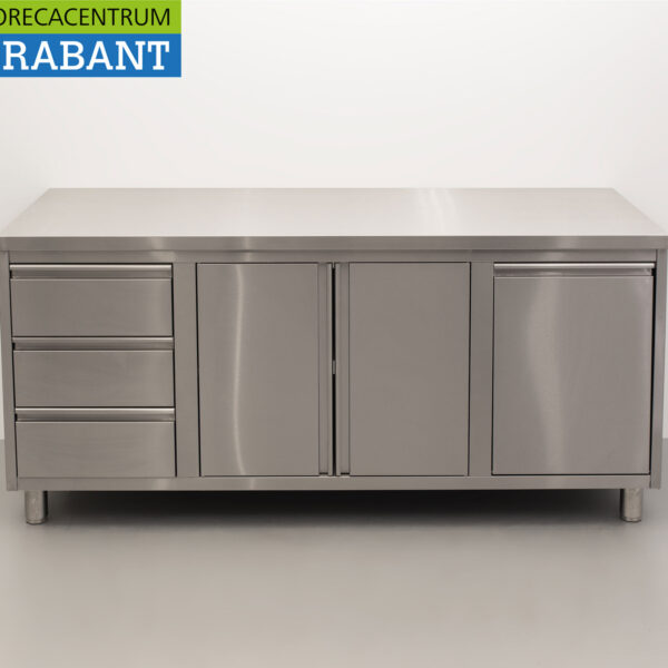HCB Stainless Steel Work Cabinet Cabinet Work Table 2 folding doors and 3 drawers and waste bin 180 cm Catering
