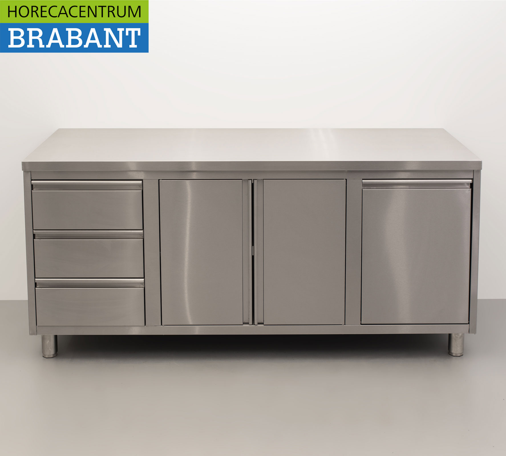 HCB Stainless Steel Work Cabinet Cabinet Work Table 2 folding doors and 3 drawers and waste bin 180 cm Catering