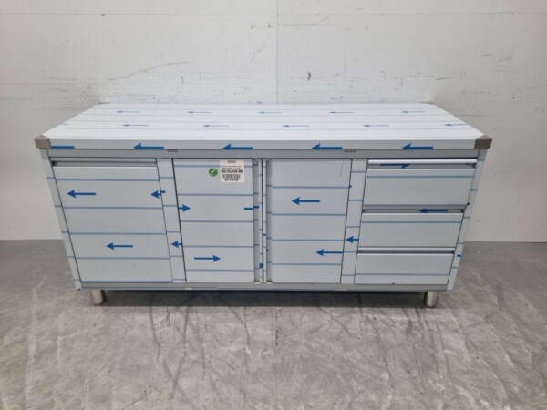 Stainless Steel Work Cupboard Cabinet Work Table 2 folding doors and 3 drawers and waste bin 180 cm Catering