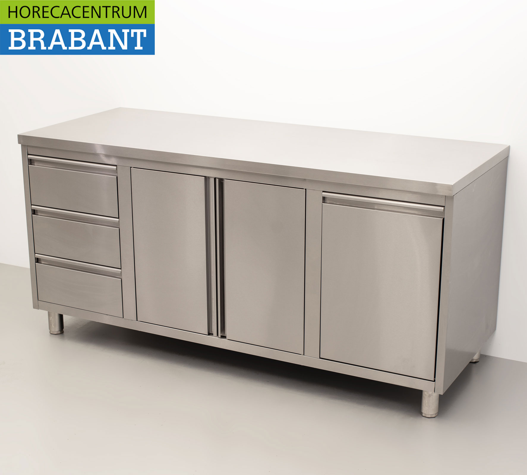 HCB Stainless Steel Work Cabinet Cabinet Work Table 2 folding doors and 3 drawers and waste bin 180 cm Catering - Image 2