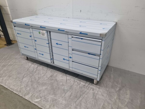 Stainless Steel Work Cupboard Cabinet Work Table 2 folding doors and 3 drawers and waste bin 180 cm Catering - Image 2