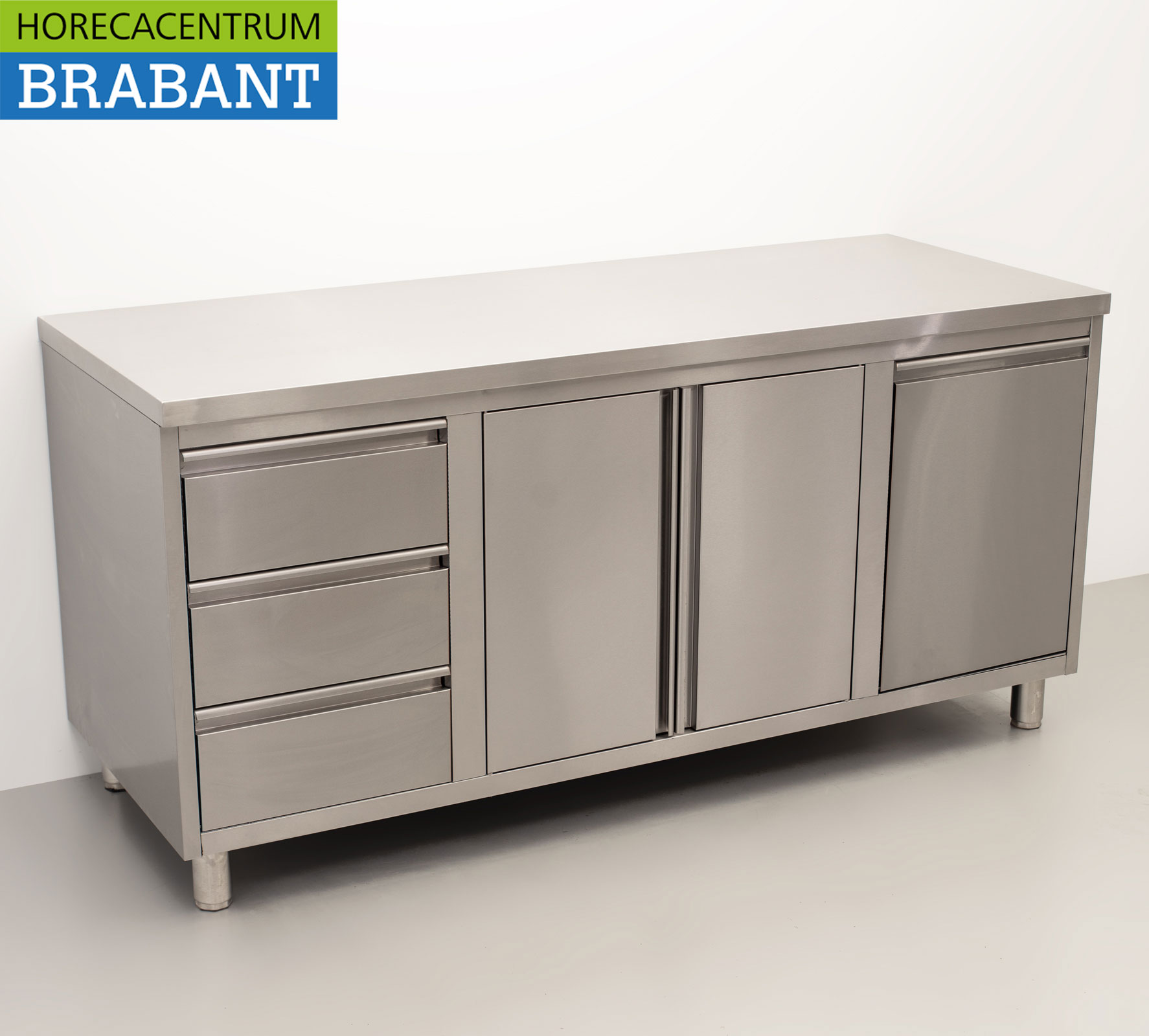 HCB Stainless Steel Work Cabinet Cabinet Work Table 2 folding doors and 3 drawers and waste bin 180 cm Catering - Image 3