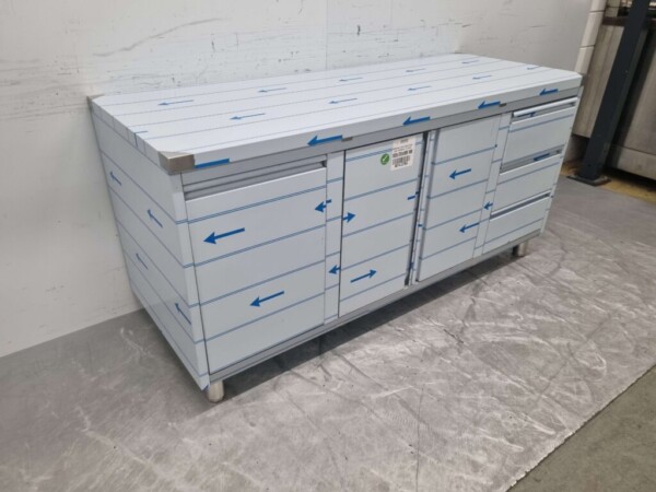 Stainless Steel Work Cupboard Cabinet Work Table 2 folding doors and 3 drawers and waste bin 180 cm Catering - Image 3