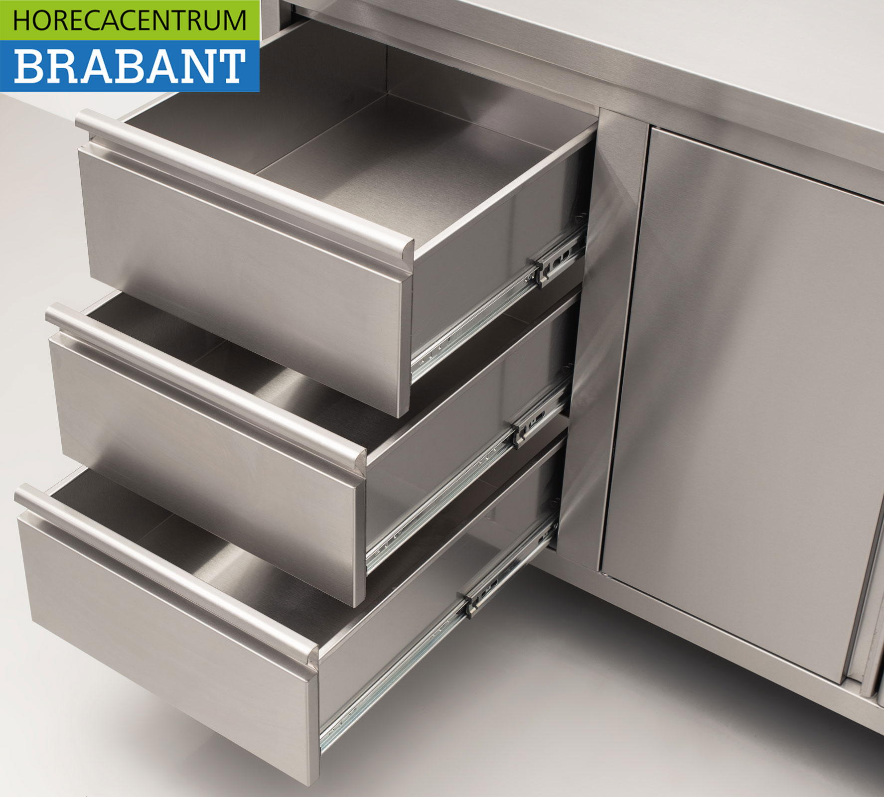 HCB Stainless Steel Work Cabinet Cabinet Work Table 2 folding doors and 3 drawers and waste bin 180 cm Catering - Image 5