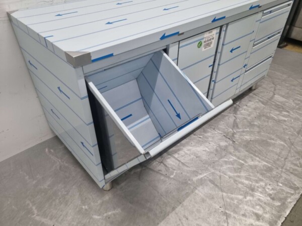 Stainless Steel Work Cupboard Cabinet Work Table 2 folding doors and 3 drawers and waste bin 180 cm Catering - Image 5