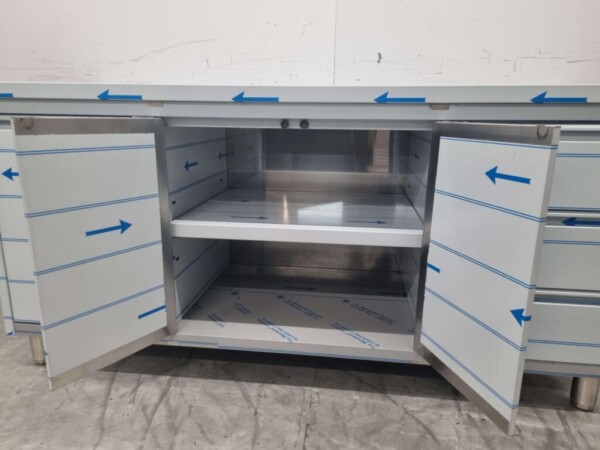 Stainless Steel Work Cupboard Cabinet Work Table 2 folding doors and 3 drawers and waste bin 180 cm Catering - Image 7