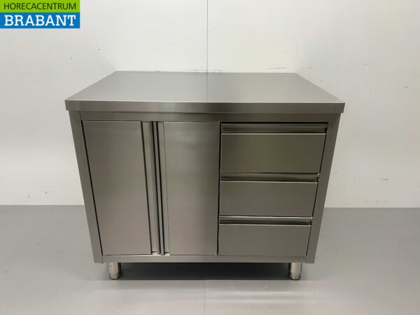 Stainless Steel Work Cupboard Cabinet Work Table 2 folding doors and 3 drawers 100 cm Hospitality