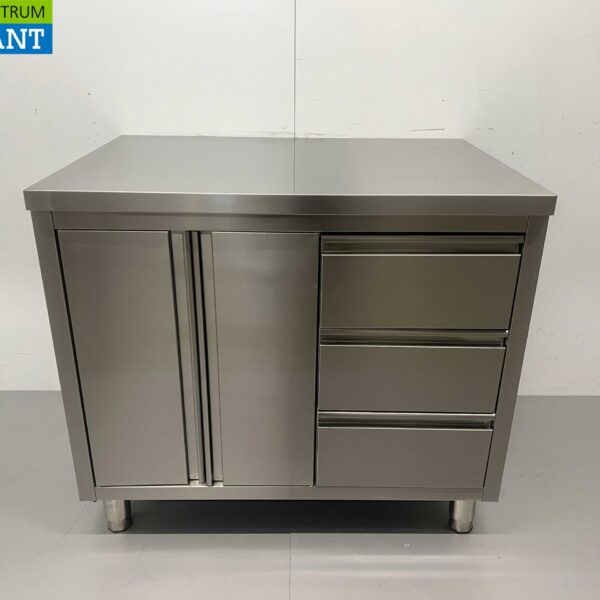 Stainless Steel Work Cupboard Cabinet Work Table 2 folding doors and 3 drawers 100 cm Hospitality