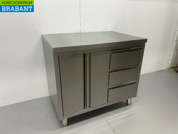 Stainless Steel Work Cupboard Cabinet Work Table 2 folding doors and 3 drawers 100 cm Hospitality - Image 2