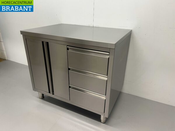 Stainless Steel Work Cupboard Cabinet Work Table 2 folding doors and 3 drawers 100 cm Hospitality - Image 3