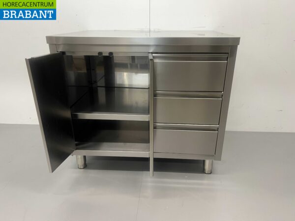 Stainless Steel Work Cupboard Cabinet Work Table 2 folding doors and 3 drawers 100 cm Hospitality - Image 4