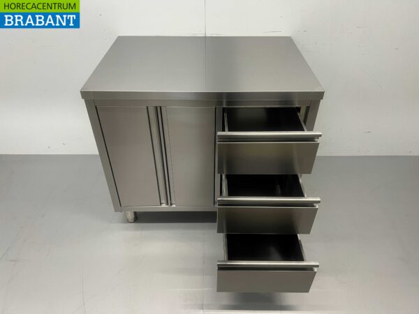 Stainless Steel Work Cupboard Cabinet Work Table 2 folding doors and 3 drawers 100 cm Hospitality - Image 5