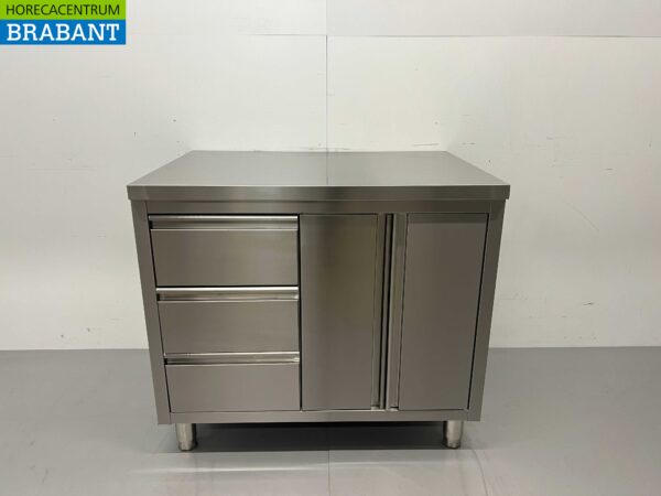 Stainless Steel Work Cupboard Cabinet Work Table 2 folding doors and 3 drawers 100 cm Hospitality