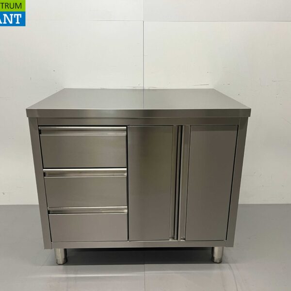 Stainless Steel Work Cupboard Cabinet Work Table 2 folding doors and 3 drawers 100 cm Hospitality