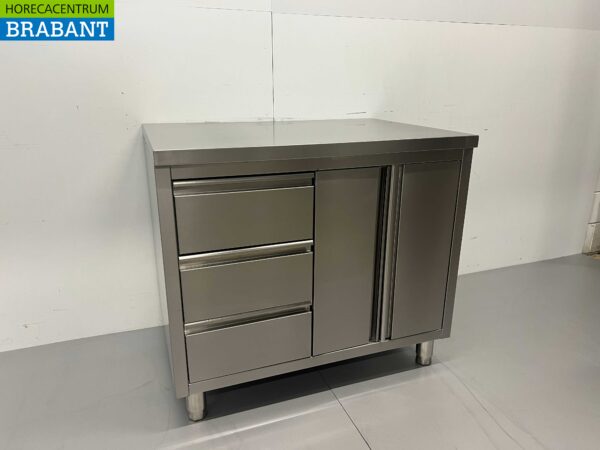 Stainless Steel Work Cupboard Cabinet Work Table 2 folding doors and 3 drawers 100 cm Hospitality - Image 2