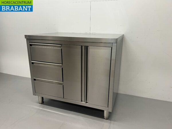 Stainless Steel Work Cupboard Cabinet Work Table 2 folding doors and 3 drawers 100 cm Hospitality - Image 3
