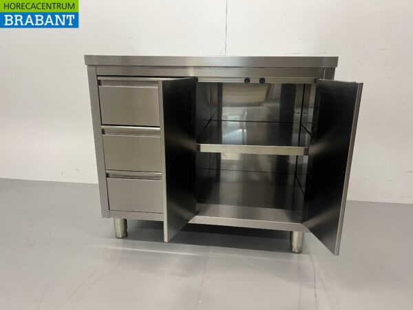 Stainless Steel Work Cupboard Cabinet Work Table 2 folding doors and 3 drawers 100 cm Hospitality - Image 4