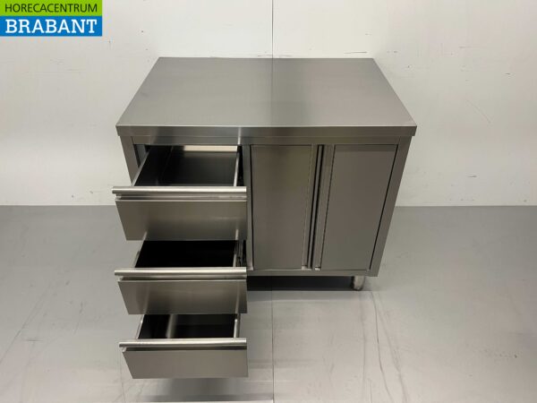 Stainless Steel Work Cupboard Cabinet Work Table 2 folding doors and 3 drawers 100 cm Hospitality - Image 5