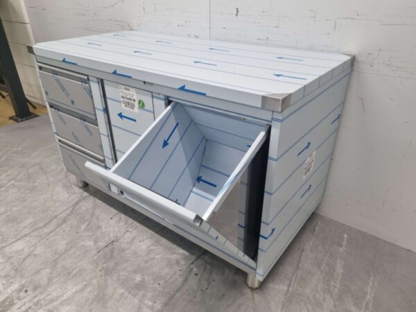 Stainless steel Work Cabinet Work table, folding door, 3 drawers and waste bin 140 cm Horeca - Image 4
