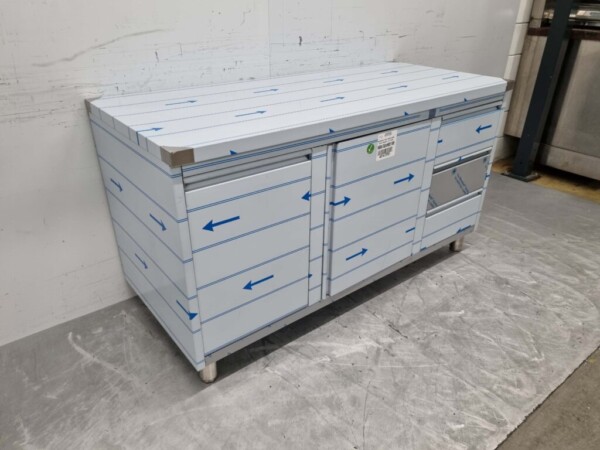 Stainless Steel Work Cabinet Cabinet Work Table 2 folding doors, 3 drawers and waste bin 160 cm Catering - Image 3