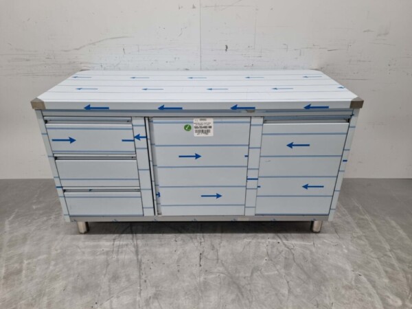 Stainless Steel Work Cabinet Cabinet Work Table 2 folding doors, 3 drawers and waste bin 160 cm Catering
