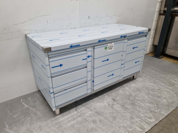 Stainless Steel Work Cabinet Cabinet Work Table 2 folding doors, 3 drawers and waste bin 160 cm Catering - Image 2
